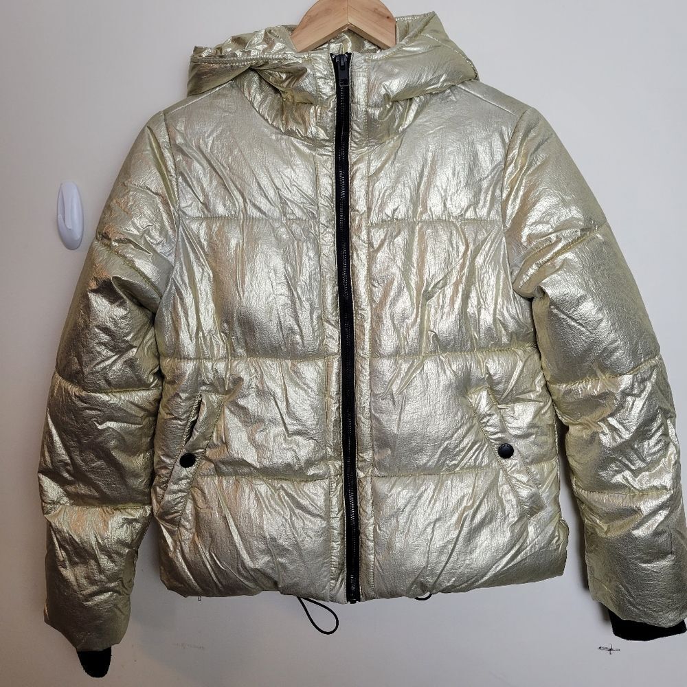 American Eagle Women’s Metallic Gold Puffer Jacket XS Hooded